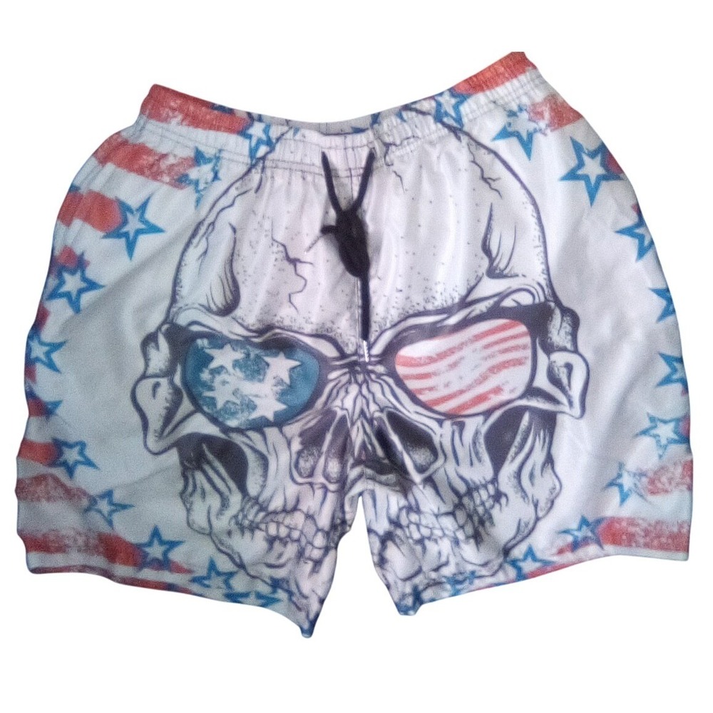 Mens Skull American Flag Swim Trunks Patriotic Stars Stripes Board Shorts L